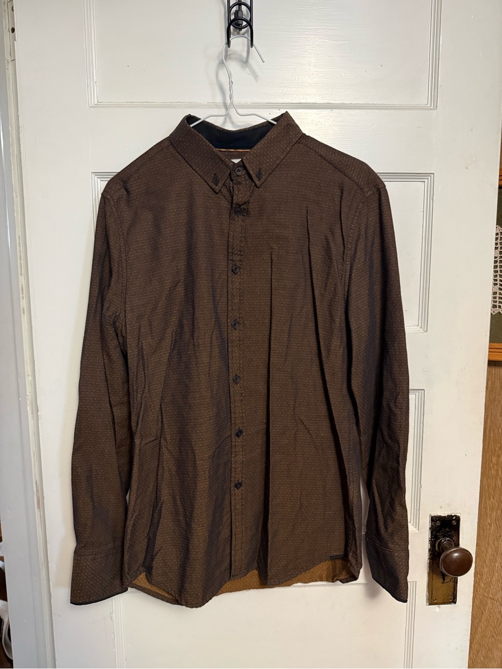 J.B. Holt brown tailored button up shirt with gold dots Size Medium #formal